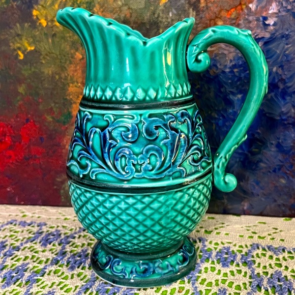 VTG Lefton Ceramic Teal Blue Pineapple Pitcher Vase
